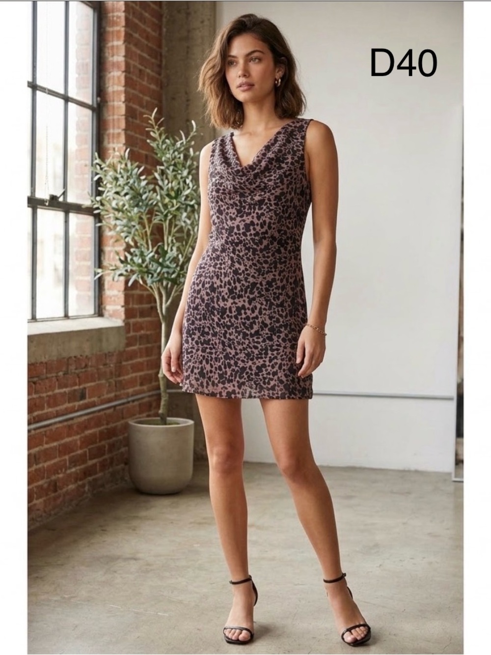 Commense Brown and Black Leopard Print Cowl Neck Mini Dress